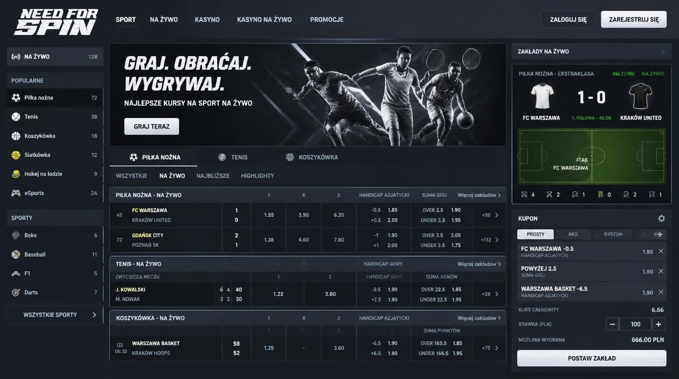 Interfejs zakładów sportowych z różnymi dyscyplinami i rynkami live.