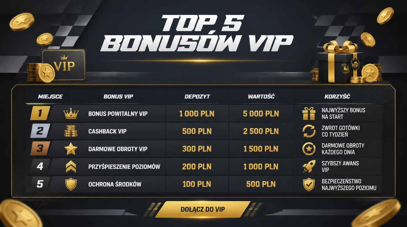 Tabela z najlepszymi pięcioma bonusami VIP dla graczy z Polski