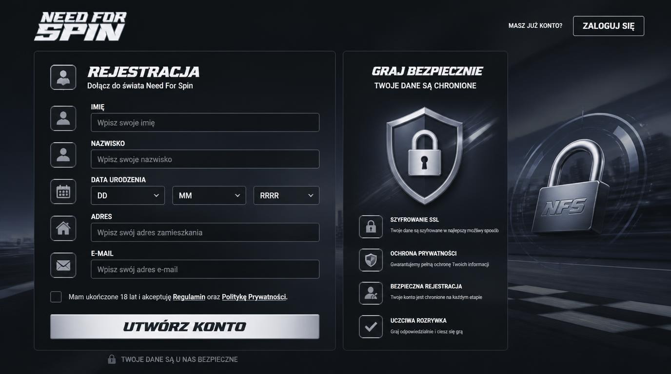 Formularz rejestracji online z polskimi polami usług kasyna, ikona tarczy zabezpieczeń i symbol prywatności