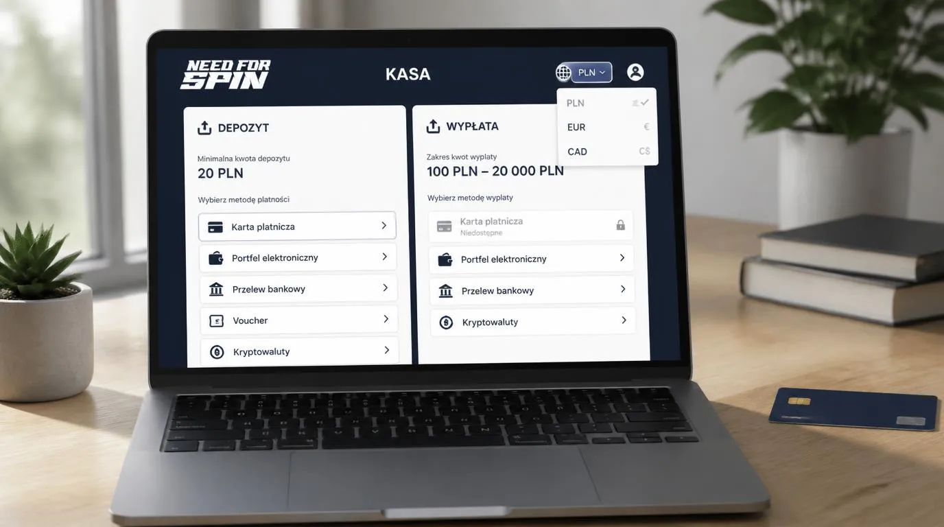 Panel kasjera z wyborem PLN, EUR i CAD oraz polami wpłaty 20 PLN i wypłaty od 100 PLN
