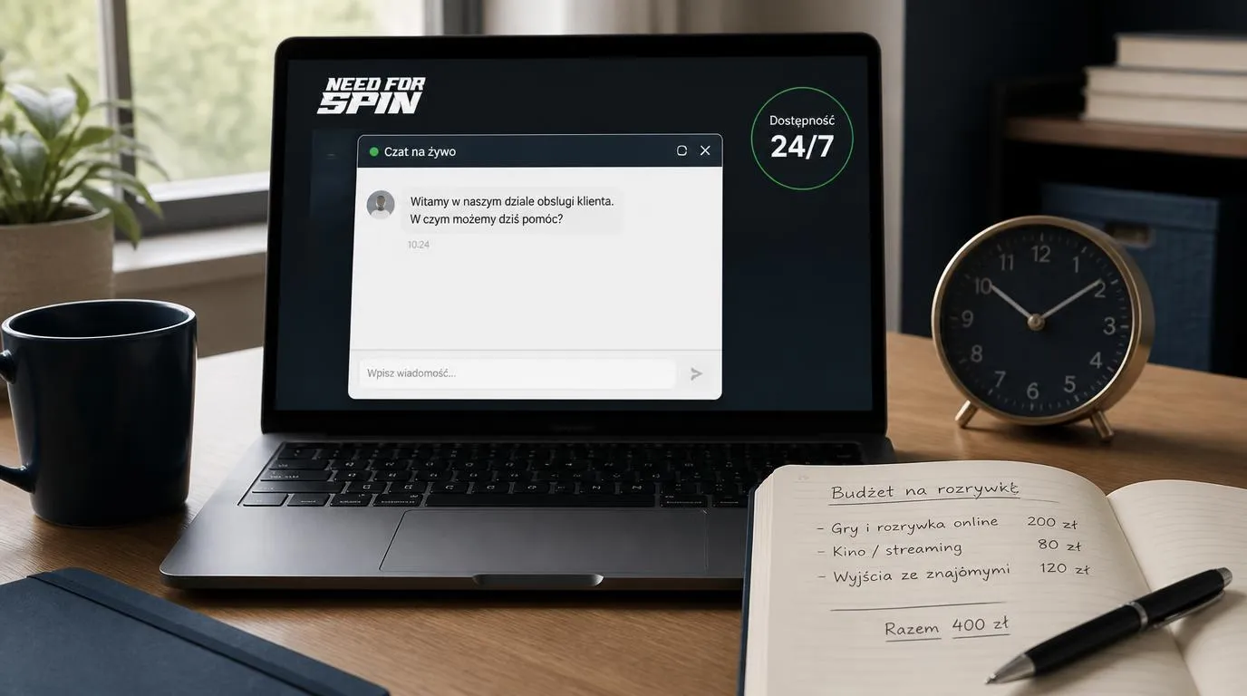 Okno czatu obsługi klienta z oznaczeniem dostępności 24/7 obok zegara i notesu z budżetem rozrywkowym