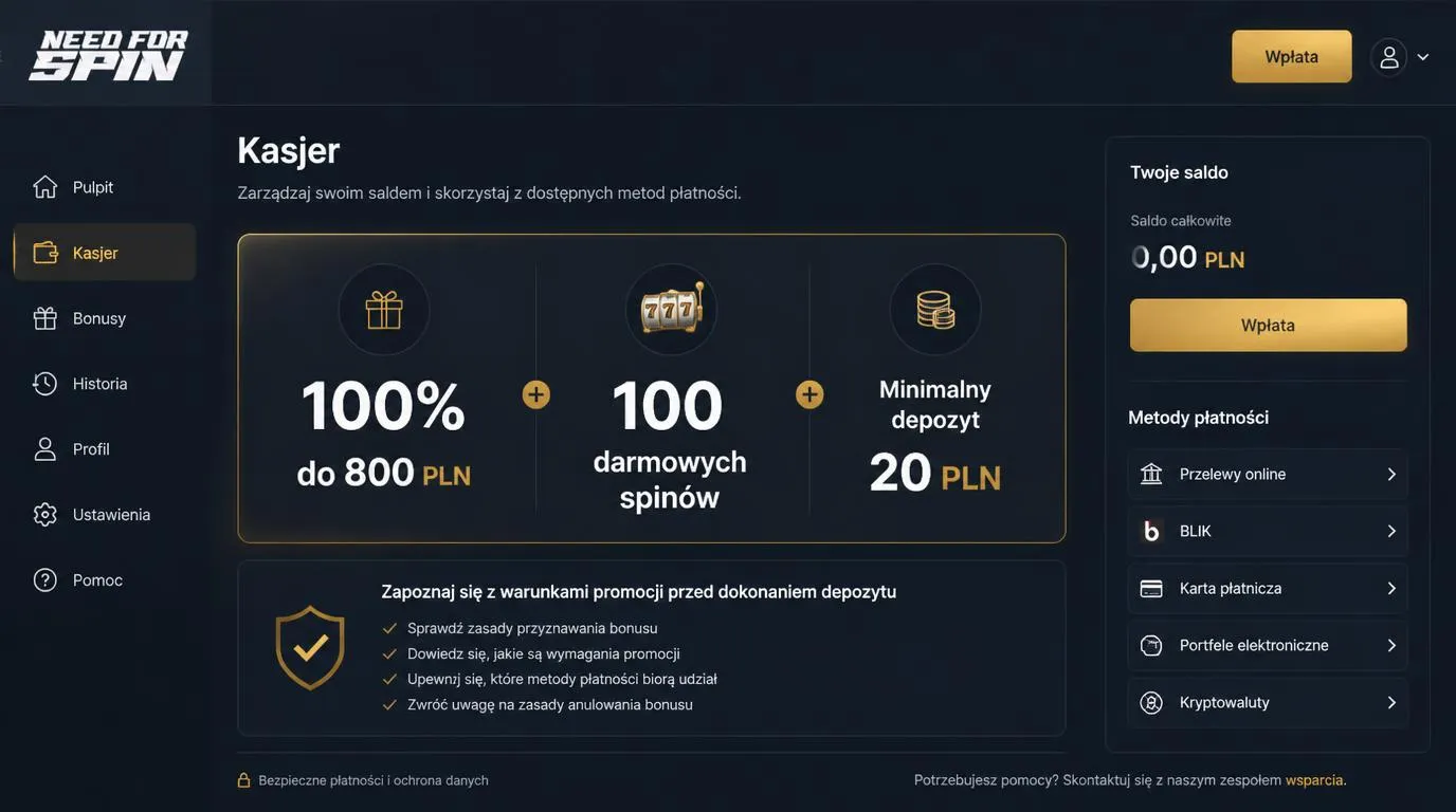 Panel bonusu powitalnego z ofertą 100% do 800 PLN, 100 darmowymi spinami i minimalnym depozytem 20 PLN