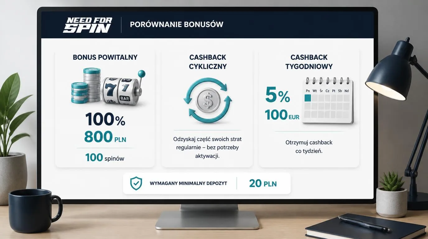 Zestawienie bonusu powitalnego w PLN i tygodniowego cashbacku w EUR obok kalendarza z zaznaczonym poniedziałkiem
